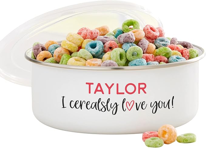 Personalization Universe I Cerealsly Love You Enamel Bowl with Lid - Customizable Romantic Gift, Perfect for Cereal, Snacks, 20oz Serving Size, Kids, Valentine's Day Gift Idea