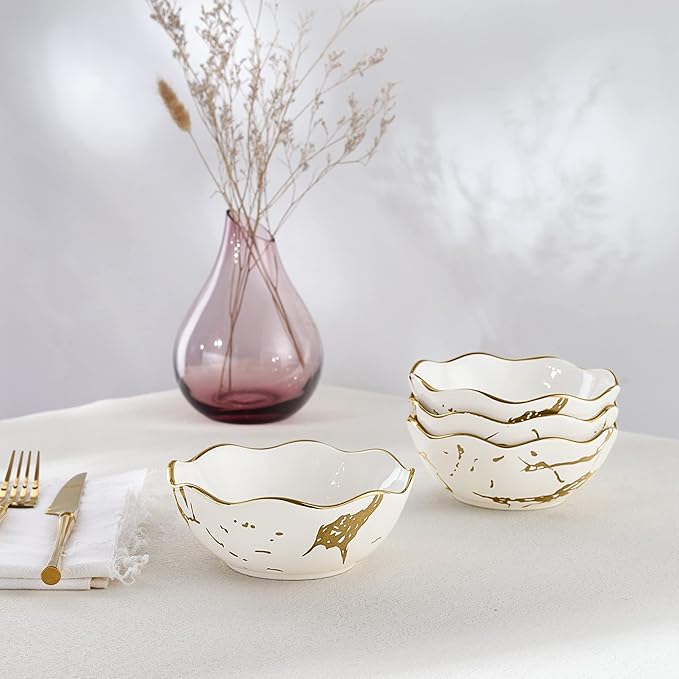 fanquare 10oz Gold Marble Soup Bowl, Porcelain Cereal Bowls Set for 4, Small Kitchen Serving Bowls, Dishwasher Safe, 5.5"
