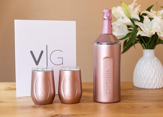 Vinglacé Wine Bottle Chiller Gift Set- Portable Stainless Steel Wine Cooler with 2 Stemless Wine Glasses, Rose Gold