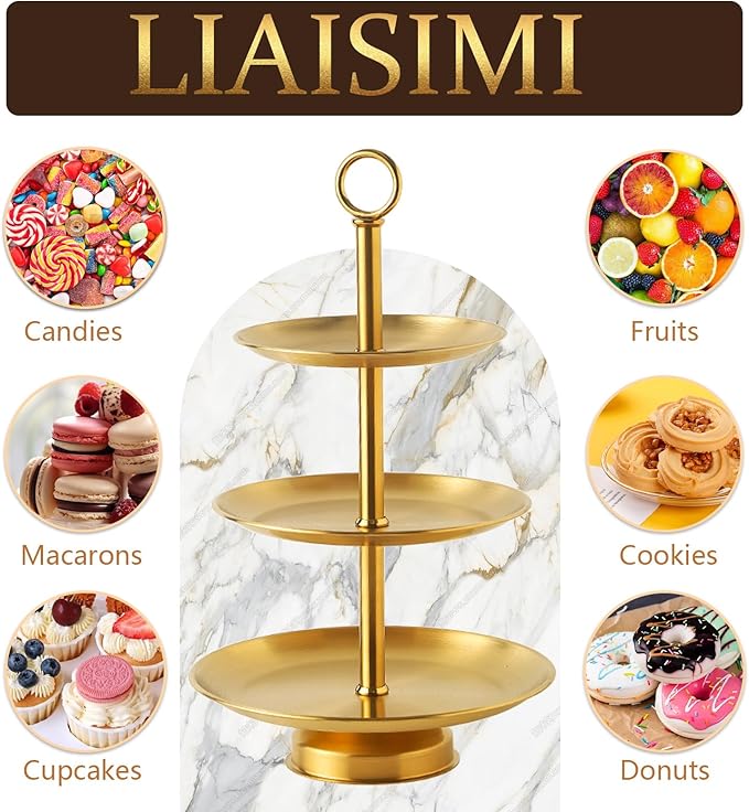 3 Tier Gold Metal Cupcake Stand Holder,Stainless Steel Cup Cake Stand Tower with Tiered Serving Tray and Base for Parties,Weddings,Birthdays and Any Festivals and Celebrations(2-Pack)