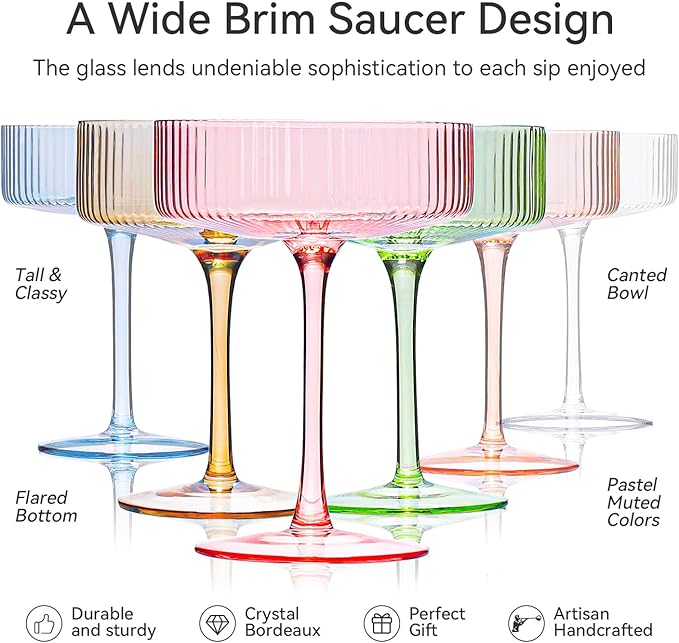 Cyrelwing Colored Coupe Glasses Set of 6 Vintage Art Deco Colorful Champagne Coupe glasses 9 oz,Ribbed Martini Cocktail Glasses|Colored Cocktail Glasses Set for Espresso,Martini,Champagne