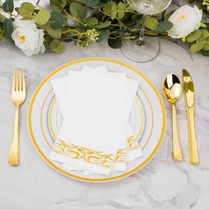BESTVIP 100 Pack Disposable Paper Napkins, 3-Ply Dinner Napkins with Gold Trim for Guests, Bathroom Paper Hand Towels Soft & Absorbent, Perfect for Christmas, Kitchen, Dinner, Party, Wedding or Event