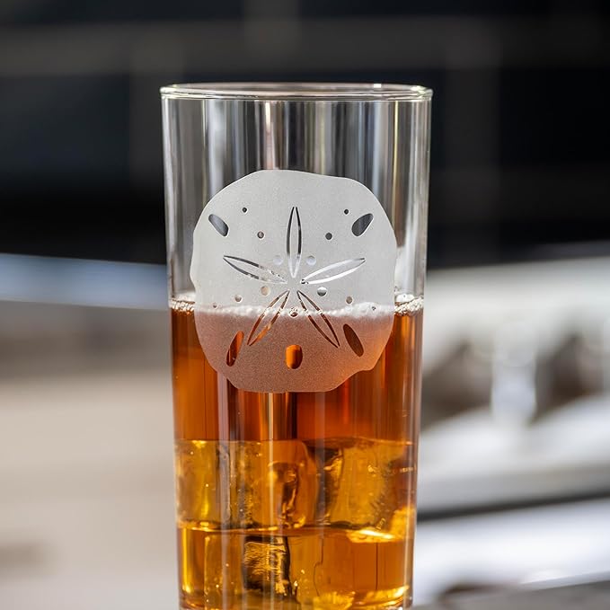 Rolf Glass Sand Dollar Highball Glass 15 ounce | Set of 4 Cooler Glasses | Lead-Free Glass | Engraved Drinking Glass with Heavy Base | Proudly Made in the USA