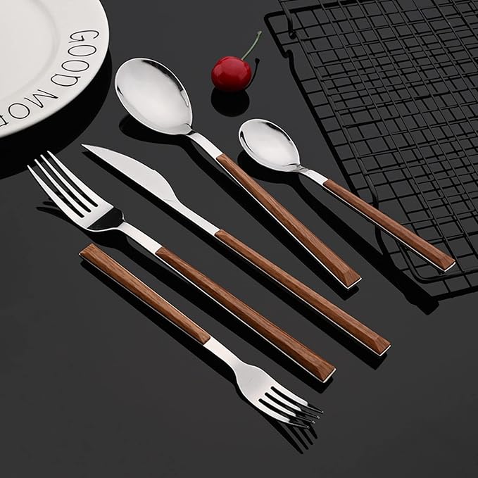 JASHII Silver Stainless Steel Cutlery Sets of 4, with Wooden Wide Square Handles, Dinner Spoons, Knife and Fork Set, Flatware Set Tableware Dinnerware, 20 pieces