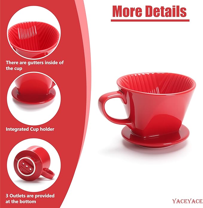 Pour Over Coffee Dripper, Single Red Ceramic Pour Over, Medium Pour Over Coffee with 3 Holes