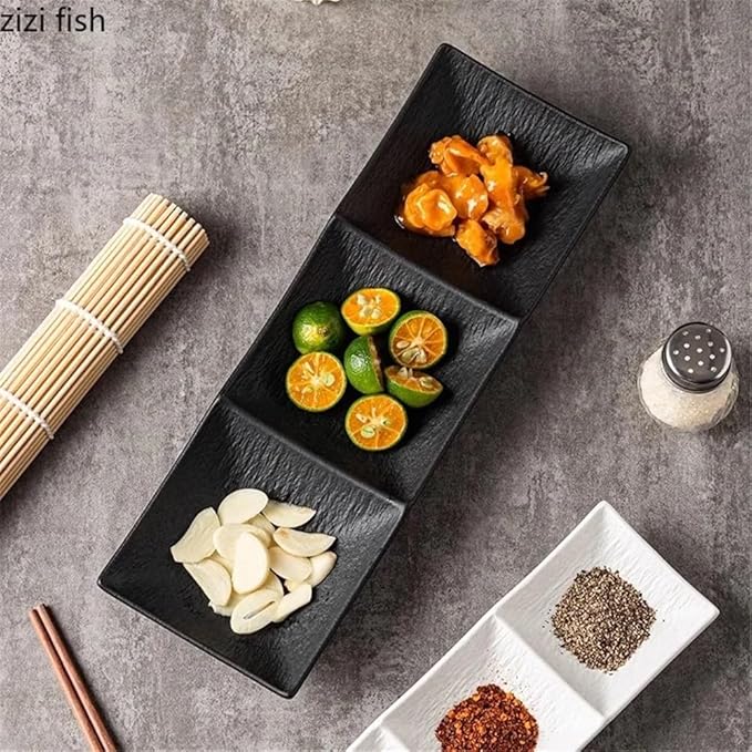 Appetizer Plates Matte Ceramic Seasoning Dish Soy Sauce Vinegar Dish Dessert Plate Sushi Plate 3 Grids Snack Plate for Condiment(White,Large)
