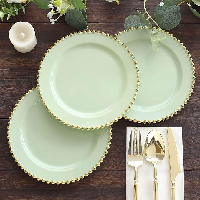 8" Salad Plates - Set of 10 - Plastic Sage Green/Gold Round Disposable Dessert Appetizer Plate Beaded Rim, Ideal for Dinner Party Wedding Bulk Events