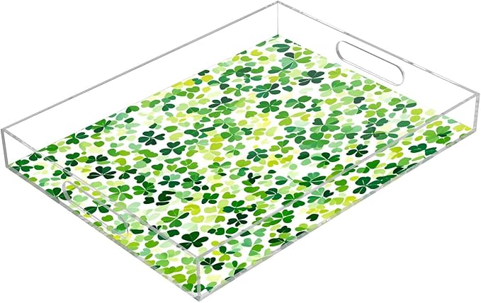 Serving Tray with Handles Clear Acrylic Tray 12x16 Inch Decorative Rectangular Tray Organizer for Ottoman Coffee Table Bathroom Bright Green Clover St. Patrick
