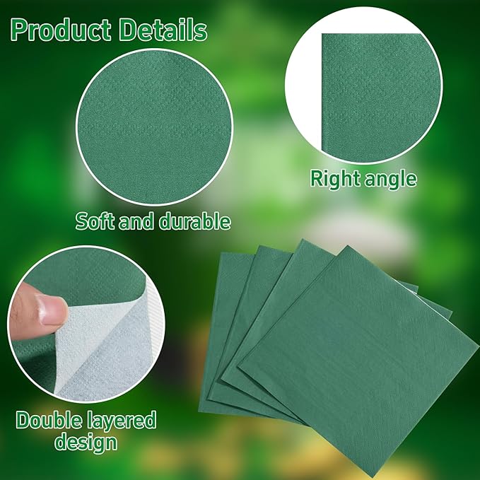 FLOWERCAT 100-Count 2-Ply Dark Green Napkins - Green Napkins Disposable Premium Quality - 5" x 5" Green Paper Napkin for Birthday Party,Bar,Super Bowl,Weddings&St.Paytick's Day