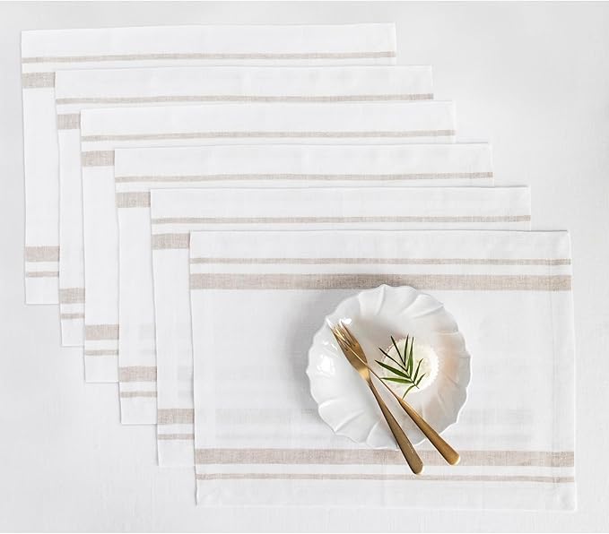 Solino Home Linen French Stripe Cloth Placemats Set of 6-100% Pure Linen Natural and White Placemats 14 x 19 Inch for Holiday, Winter