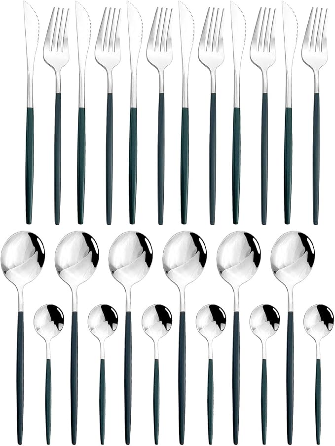 JASHII 24 Piece Titanium Green Plated Stainless Steel Flatware Set, Mouth Utensils Set, Cutlery Set Service for 6 (Green Handle, Shiny Silver)