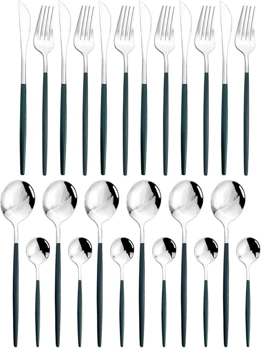 JASHII 24 Piece Titanium Green Plated Stainless Steel Flatware Set, Mouth Utensils Set, Cutlery Set Service for 6 (Green Handle, Shiny Silver)