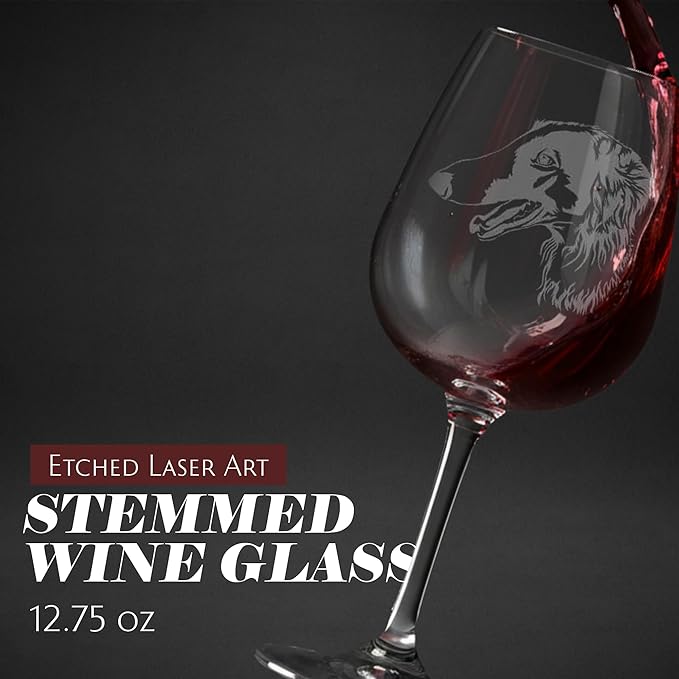 Etched Laser Art Borzoi Personalized Dog Themed Etched 12.75oz Wine Glass Custom Dog Breed Wine Glasses, Ideal for Pet Lovers, Unique Birthday Gift for Men & Women, Personalized Gift