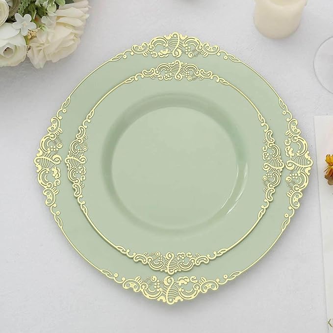 8" Salad Plates -Set of 20 - Plastic Sage Green Round Baroque Disposable Chargers Leaf Embossed Rim, Ideal for Dinner Party Wedding Bulk Events