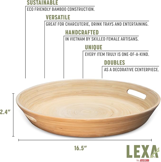 LEXA 15.7" Bamboo Round Serving Tray with Handles – Large Handcrafted Wooden Tray for Food, Ottoman, Coffee Table, Kitchen, or Charcuterie, Natural