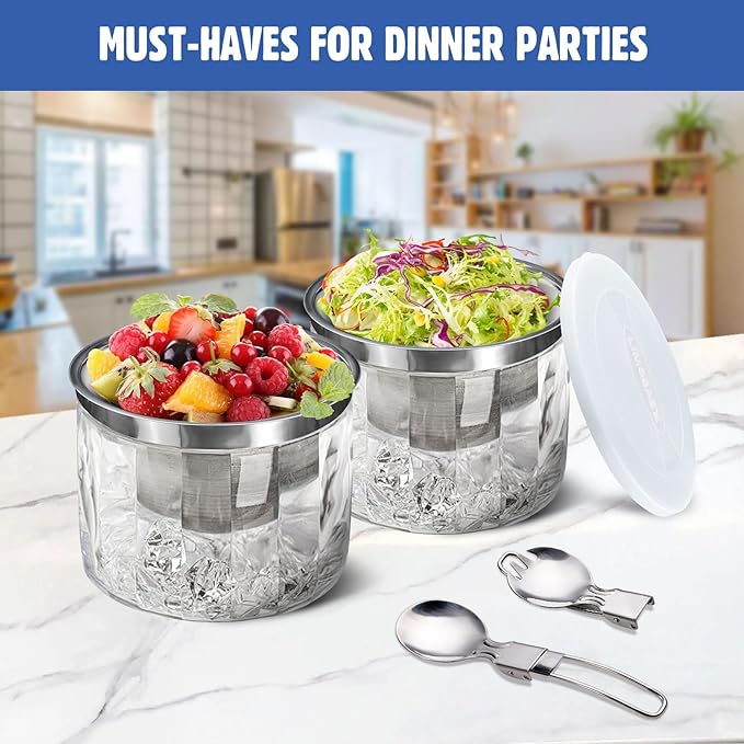 LIMOEASY Chilled Dip Bowl (2 Pack), 25oz Ice Serving Bowl with Lid for Parties, Cold Serving Dish for Hummus, Salsa, Guacamole, Sauces, Pasta