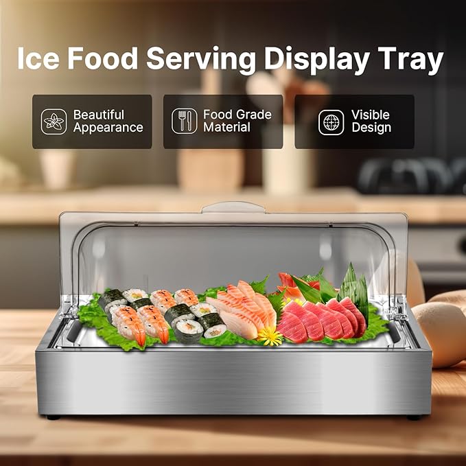 Ice Food Serving Display Tray, Cold Serving Plate with Clear Roll Top, 5QT Stainless Steel Food Serving Tray, Cooling Food Dishes Display Plate for Home, Buffet, Restaurant, Party