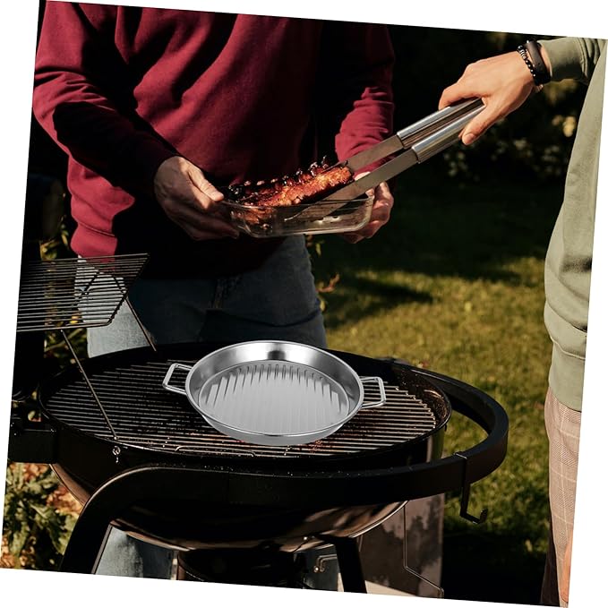 Stainless Steel Round Steak Plate Seafood Serving Tray Elegant Double Ears Design for Family Meals and Outdoor Bbqs and Stylish Silver Finish
