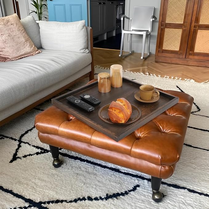 20" Rustic Wooden Serving Tray - Extra Large Square Ottoman Table Tray for Farmhouse Decorative Oversized Coffee Table Trays Living Room Kitchen Counter Breakfast Brown