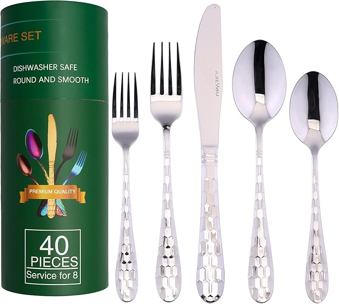 40-Piece Silverware Set for 8, Durable 18/10 Stainless Steel Flatware Set, Premium Home Kitchen Eating Tableware Cutlery Utensil Set for Gift, Include Fork Knife Spoon Set, Dishwasher Safe (Silver)