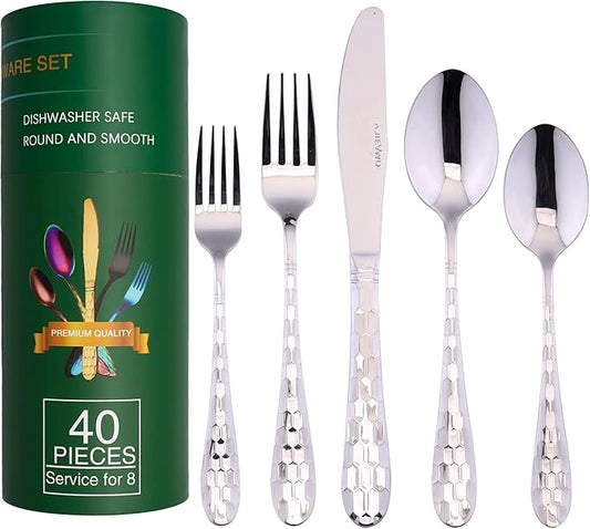 40-Piece Silverware Set for 8, Durable 18/10 Stainless Steel Flatware Set, Premium Home Kitchen Eating Tableware Cutlery Utensil Set for Gift, Include Fork Knife Spoon Set, Dishwasher Safe (Silver)
