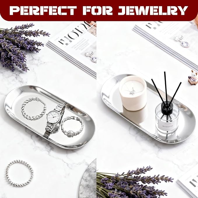 LANIAKEA 10PCS Stainless Steel Decorative Tray 7 Inch Metal Trays Decorative Serving Platter Small Storage Tray for Perfume Trinket Key Candle, Oval, Silver