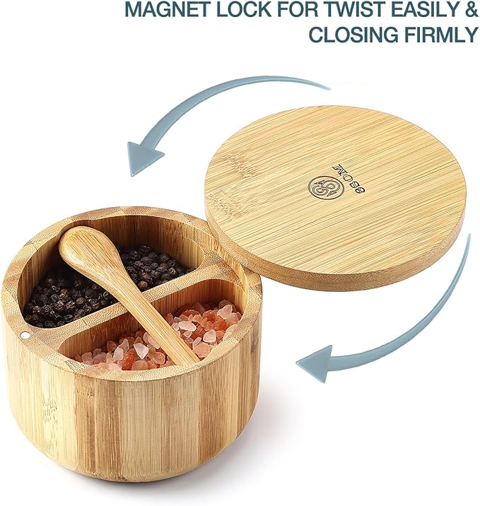 Bamboo Salt and Pepper Box with Swivel Lid, Embedded Spoon, Magnetic Closure Lid to keep the dust out, Salt Cellar Bowl Container to Storage Pepper Spice Herb Sea Salt, Dual 5 Oz Capacity