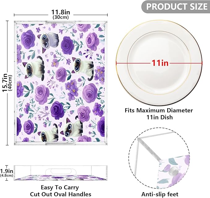 Serving Tray with Handles Clear Acrylic Tray 12x16 Inch Decorative Rectangular Tray Organizer for Ottoman Coffee Table Bathroom Purple Floral Cute Cats