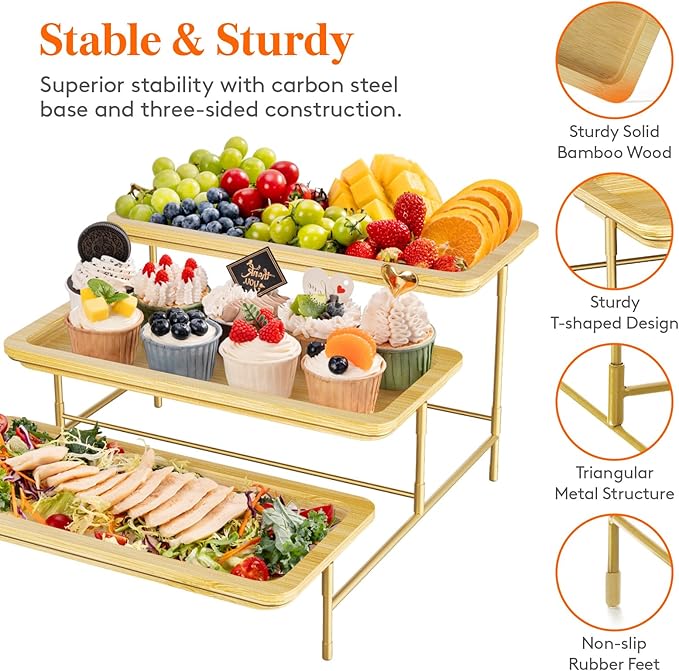 Lifewit 3 Tier Bamboo Serving Tray for Party Supplies, 14" x 6.5" Platters for Serving Food, Reusable Trays with Gold Metal Display Stand for Veggie, Fruit, Cookies, Dessert