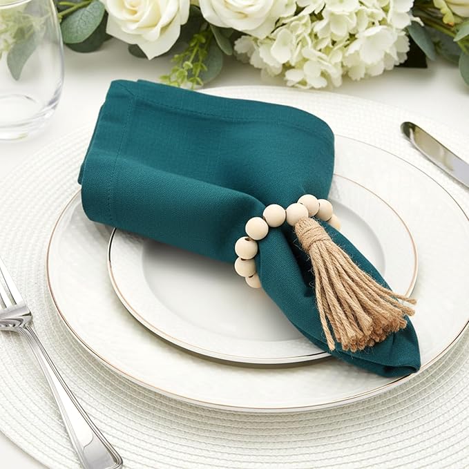 6PCS Napkin Rings, Wooden Bead Napkin Holders for Cloth Napkins, Stretchable Boho Napkins Rings Rustic Twine Rattan Design with Tassel for Farmhouse Thanksgiving Fall Spring Decor