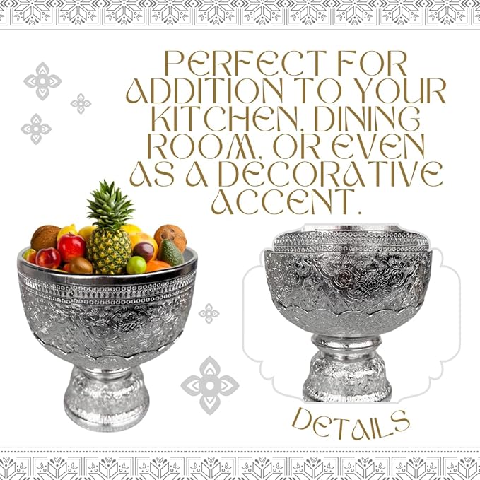 Thai Buddhism Bowl & Tray with Embossed Patterns, Silver Aluminum, Vintage Collection (16 CM)