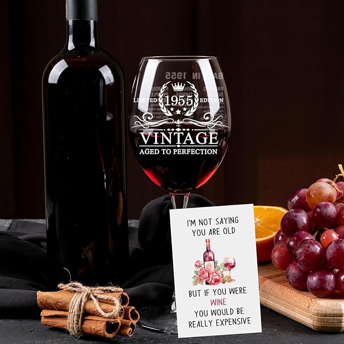 Meaningful 70th Birthday Gifts for Women 70th Birthday Decorations for Women Gifts for 70 Year Old Woman Back in 1955 Old Time Information 1955 Vintage 18 oz Stemmed Wine Glass