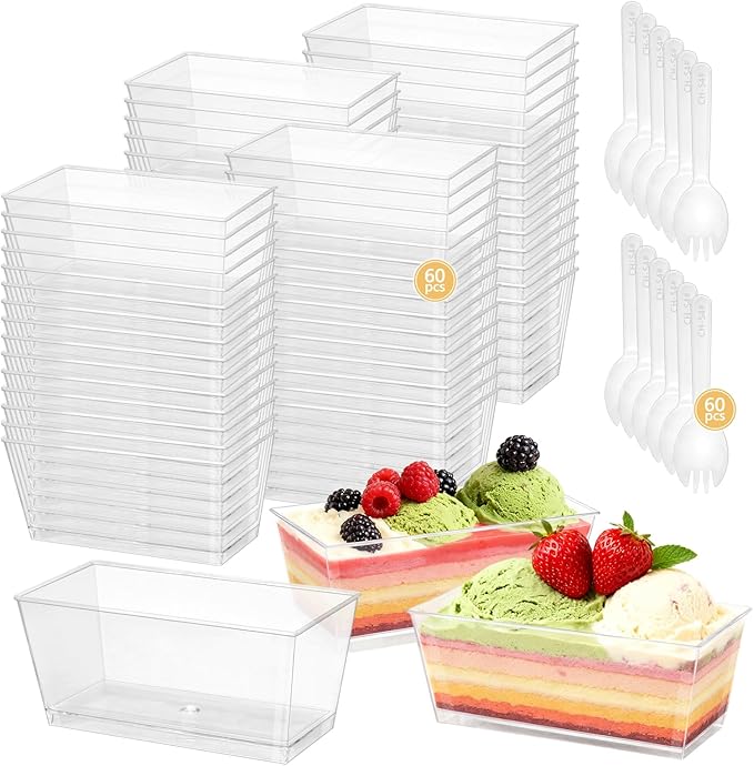 120 Pcs Clear Dessert Cups with Spoons, Reusable Clear Plastic Rectangle Parfait Cups, Mini Serving Bowls for Fruit Ice Cream Desserts Appetizers Puddings Mousse