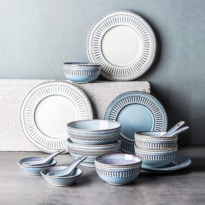 Dinner Sets,Ceramics Dinner Sets,16 Pieces Relief Craft Porcelain Dinnerware Set | Retro Blue and White Cereal Bowl Steak Plate and Soup Bowl for Special Restaurant,