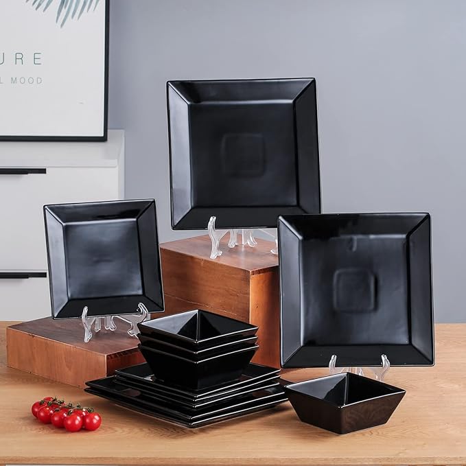 DOMINI 12-Piece Square Dinnerware Set, Service for 4, Porcelain Dishes Dinner, Square-Black