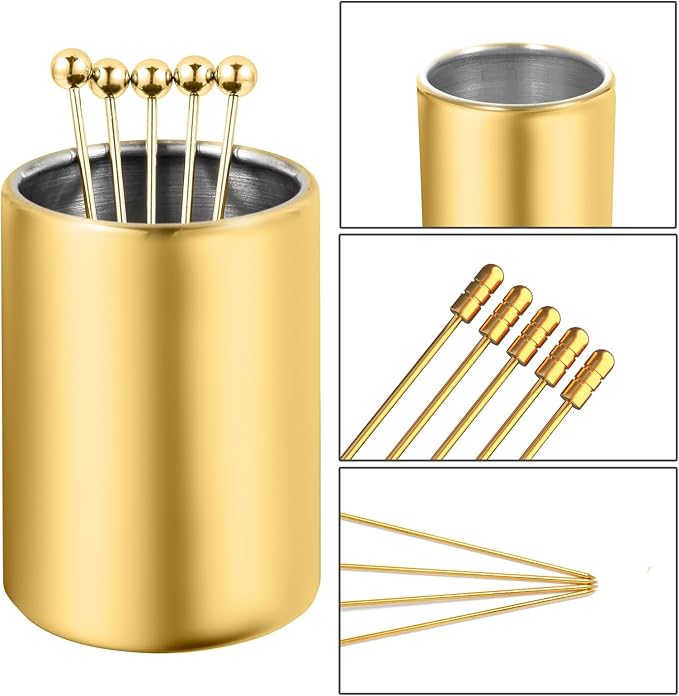 Metal Cocktail Picks 12Pack+Holder Kit, 304 Stainless Steel Toothpicks, Reusable Cocktail Skewers, Garnish Picks Bloody Mary Skewers, Martini Picks for Olives Appetizers Fruit (Mix Gold)