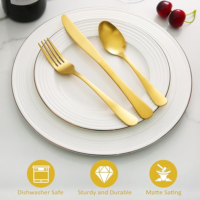 Gold Silverware Set, Lorena 20 Piece Golden Cutlery Set Gold Utensils Set Stainless Steel Flatware Kitchen Utensils Set Silverware Set, Include Fork Knives Spoons for Home Restaurant Hotel