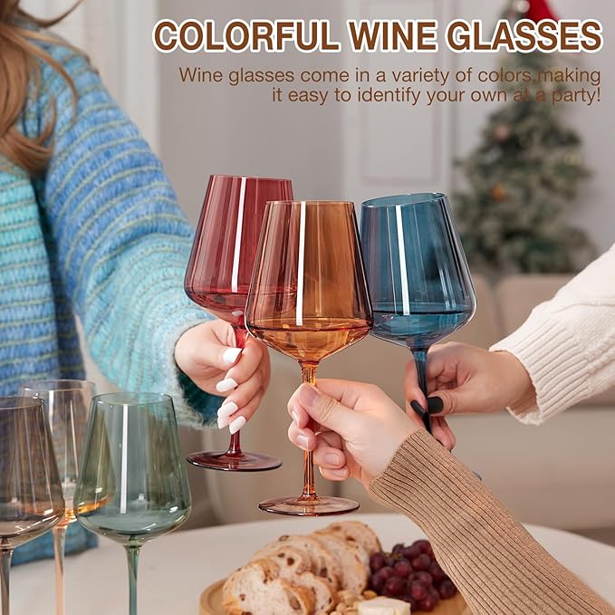 Colored Wine Glasses Set of 6-17oz, Hand Blown Crystal Colorful Wine Glasses with Long Stem,Unique Gift for Wedding, Birthday,Christmas