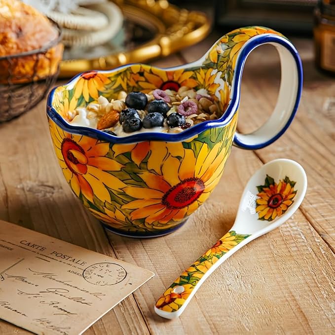 16.91oz/500ml Handpainted Soup Bowl with Handle,Ceramic Cereal Bowl Microwave &Dishwasher Safe,Loop Handle Bowl Great for Soup,Yogurt,Snack,Chip,Stew,Ice Cream,Coffee (Sunflower)
