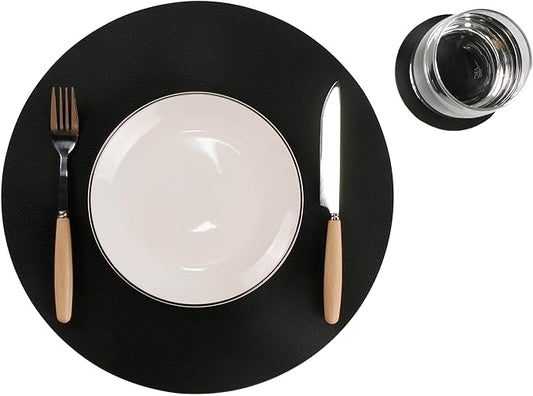 Wipeable Placemats and Coasters Leather Table Mats Waterproof Heat-Resistant Easy to Clean for Dining Table Set Kitchen Table Set of 4, Black