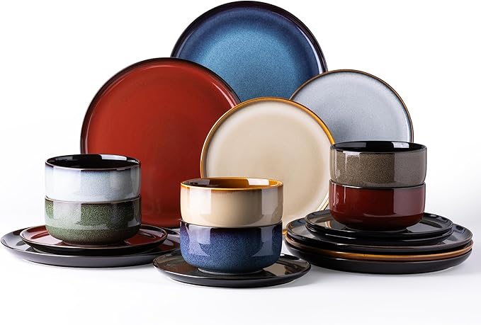 LeRatio Ceramic Dinnerware Sets for 6,Porcelain Plates and Bowls Sets,Handmade Reactive Glaze Dishes Set,Chip Resistant and Scratch Resistant | Oven&Dishwasher & Microwave Safe)-Colorflu(18PCS)