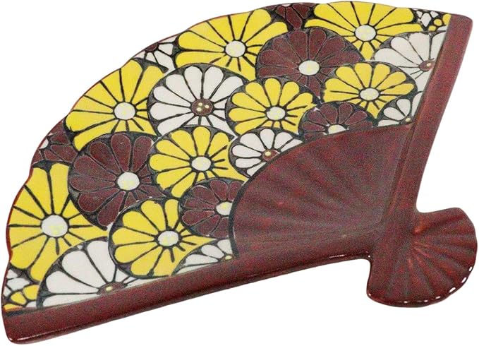 Ebros Pack Of 4 Colorful Oriental Folding Fan Shaped Appetizer Sushi Dessert Serving Dish Plates Decorative Asian Themed Artistic Dinner Lunch Serveware Plate Set (Red Yellow White Sunflowers Garden)