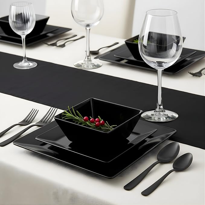 TP 12-Piece Dinnerware Set, Melamine Dishes Set with Bowls and Plates, Non-breakable and Lightweight Square Dinner Set for 4, Black