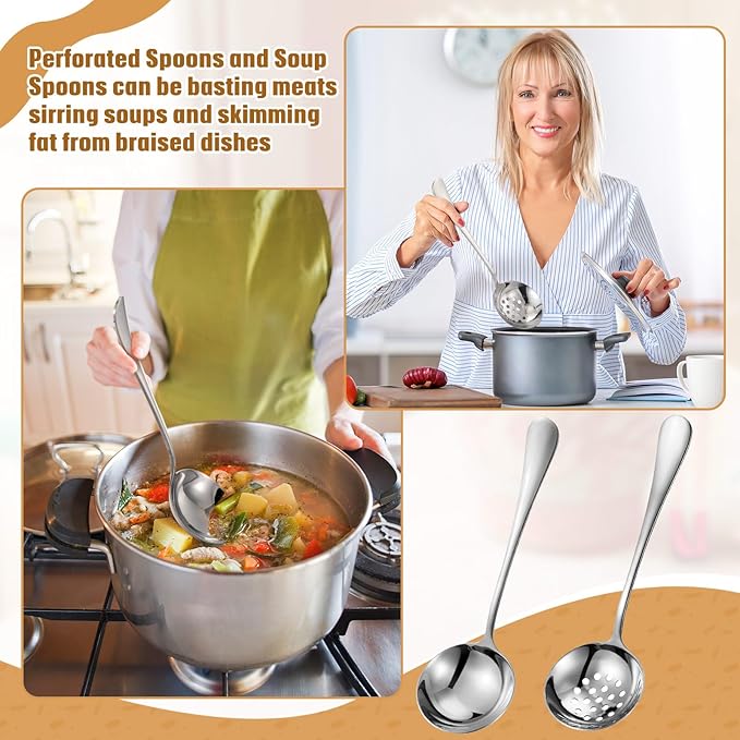 19 Pieces Serving Flatware Set Including Stainless Steel Spatulas, Forks, Spoons, Perforated, Soup, Skimmers Spoon, Buffet Tongs, Heavy Duty Serving Tongs for Home(Silver)