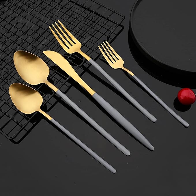 JASHII Matte Grey and Gold Silverware Set, 304 Stainless Steel Flatware Set Service for 4, Tableware Cutlery Set for Home Restaurant Party, Dinner Forks/Spoons/Knives, Slim Handle, Dishwasher Safe