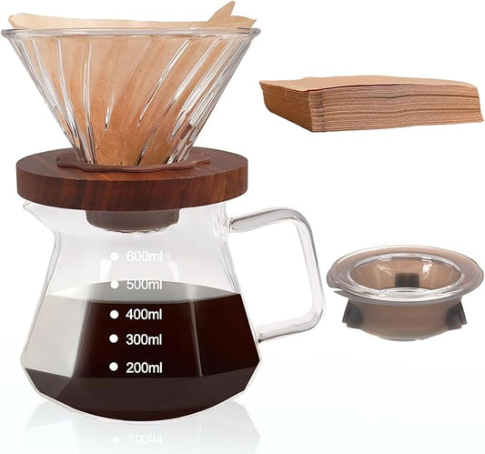 Pour Over Coffee Maker 600ml Borosilicate Glass Drip Coffeemaker Server Set with 100pcs V60 Cone Paper Filters Walnut Collar Glass Lid Clear Hand Brew Dripper Carafe for Home Camping Travel 20.3oz