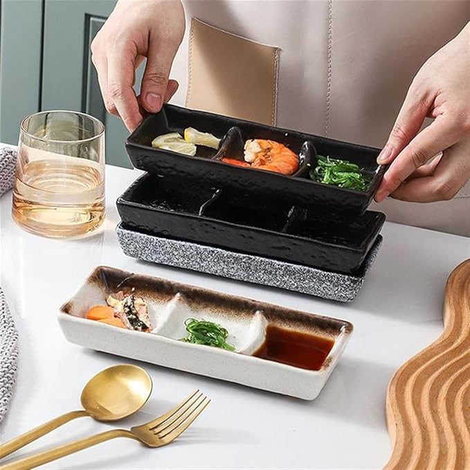 Appetizer Plate Ceramic Three Grid Sauce Dish Appetizer Serving Tray Vinegar Soy Mustard Sushi Snack Dish Dipping Bowl Kitchen Tableware Snack Plate Sauce Dipping Saucer