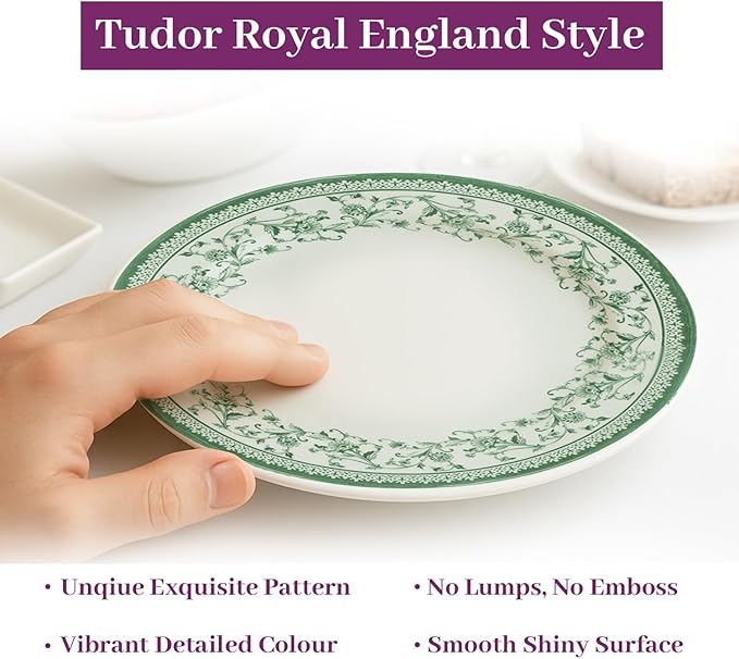 Tudor Royal 12-Piece Round Porcelain Dinnerware Set, Service for 4 - Aster Green Design, Multicolor Floral, Plates Bowls Mugs Dishes, Premium Quality Tableware, Unique Pattern, Glossy