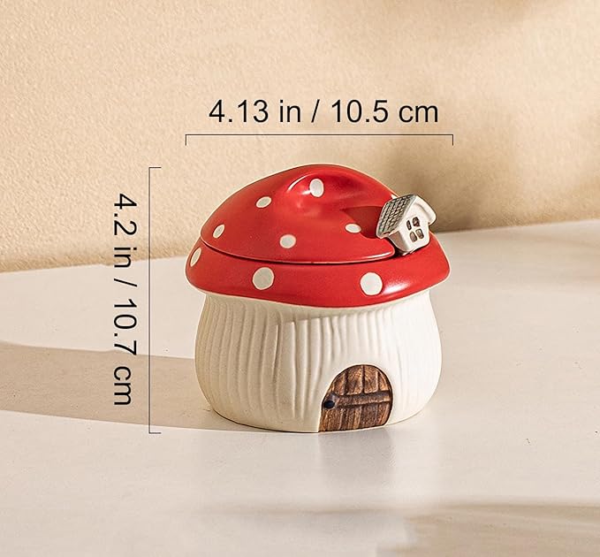 Ceramic Sugar Bowl with Lid & Spoon, Cute mushroom house design. Porcelain Seasoning Storage Jar, 14 Ounces. (Red)