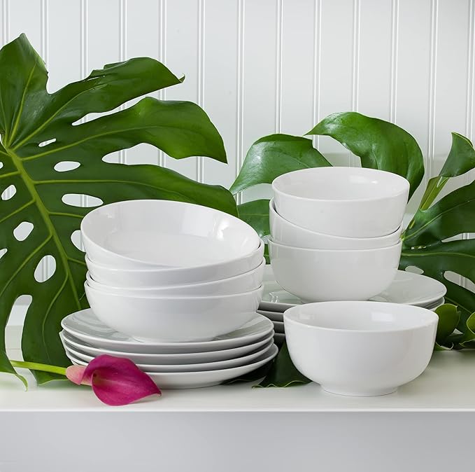 Euro Ceramica Essential Collection Porcelain Dinnerware and Serveware, 16 Piece Dinnerware Set, Service for 4, Classic White